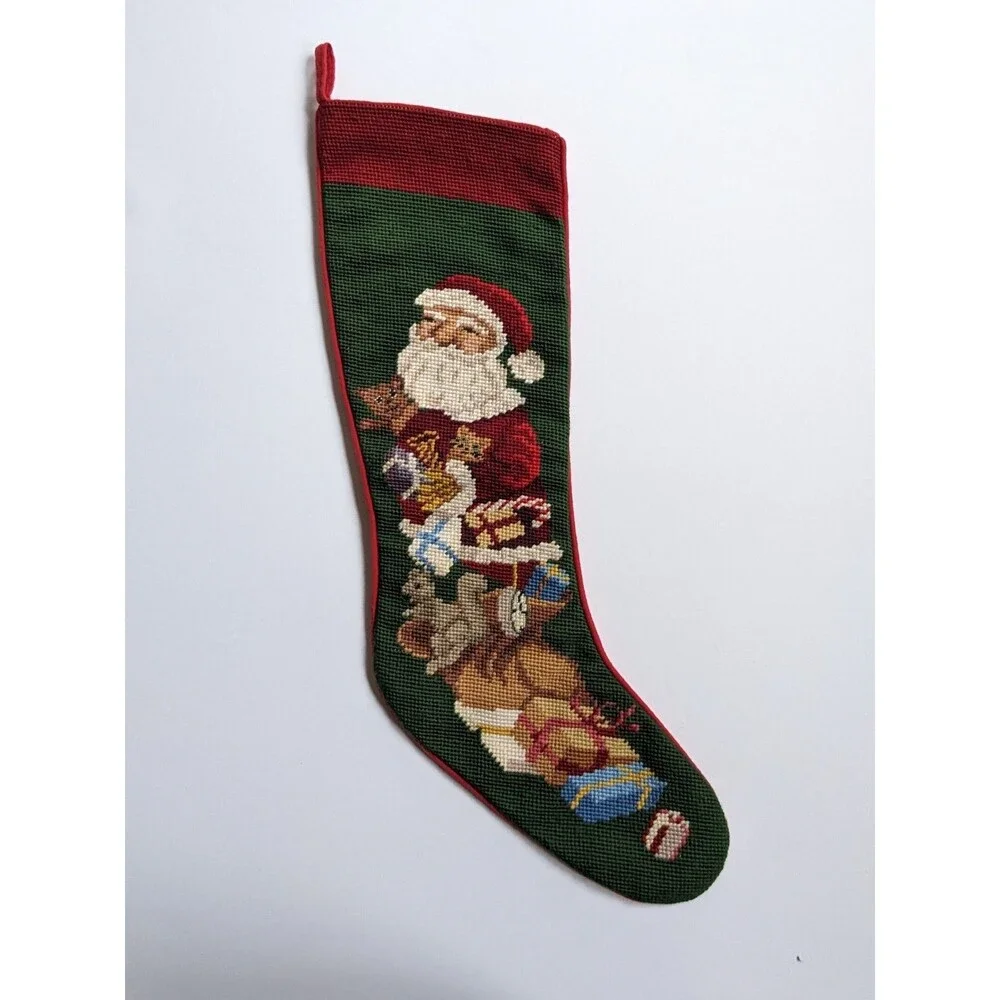 Vintage Needlepoint Christmas Stocking Santa‎ Toys Wool Front Red Flannel Back